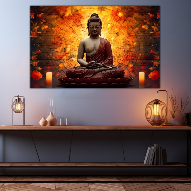 May include: A golden Buddha statue sits in a meditative pose on a red lotus flower. The statue is surrounded by a brick wall with a circular pattern of orange and yellow lights.