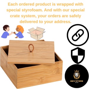 May include: A wooden box with a lid and a leather handle. The box is made of light brown bamboo and has a natural finish. The box is sitting on a white background. The text "DEV STORE GLASS" is visible in the lower right corner of the image.