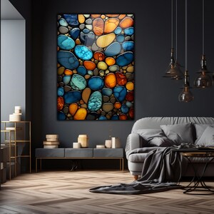 May include: Abstract art print featuring a close-up of colorful, smooth, round stones in shades of blue, green, orange, and brown.