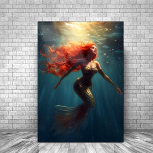 Mermaid Tempered Glass Wall Art,Mermaid Wall Art, Glass Printing, Mermaid Wall Framed Hangings Art, Mermaid in Water, Glass Large Wall Art