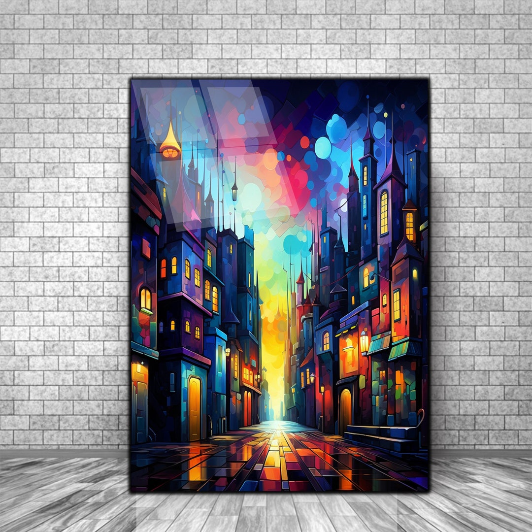 Abstarct Stained Town Tempered Glass Wall Art | Abstract Town Wall Art ...