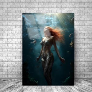 Mermaid Tempered Glass Wall Art,Mermaid Wall Art, Glass Printing, Mermaid Wall Framed Hangings Art, Mermaid in Water, Glass Large Wall Art