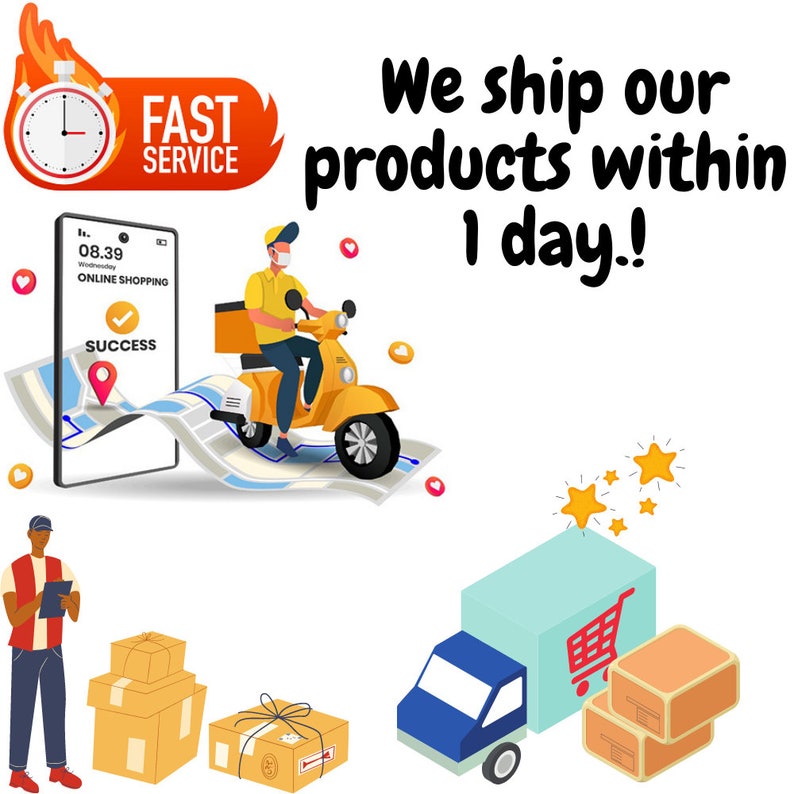 May include: Illustration of a delivery person riding a yellow scooter with a package on the back. The scooter is on a map with a smartphone showing a checkmark and the word "SUCCESS". The text "We ship our products within 1 day!" is in the upper right corner of the image. There are also boxes and a truck with boxes in the lower part of the image.