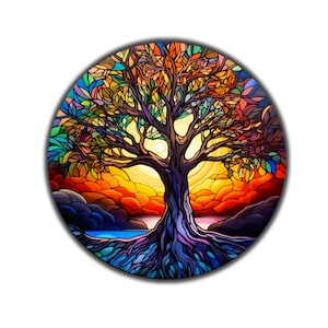 Stained Tree of Life Tempered Glass Round Painting Art Work | Stained Glass Window Wall Hangings UV Printed Round | Home&Office Glass Gift
