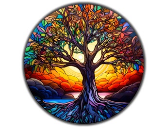 Stained Tree of Life Tempered Glass Round Painting Art Work | Stained Glass Window Wall Hangings UV Printed Round | Home&Office Glass Gift