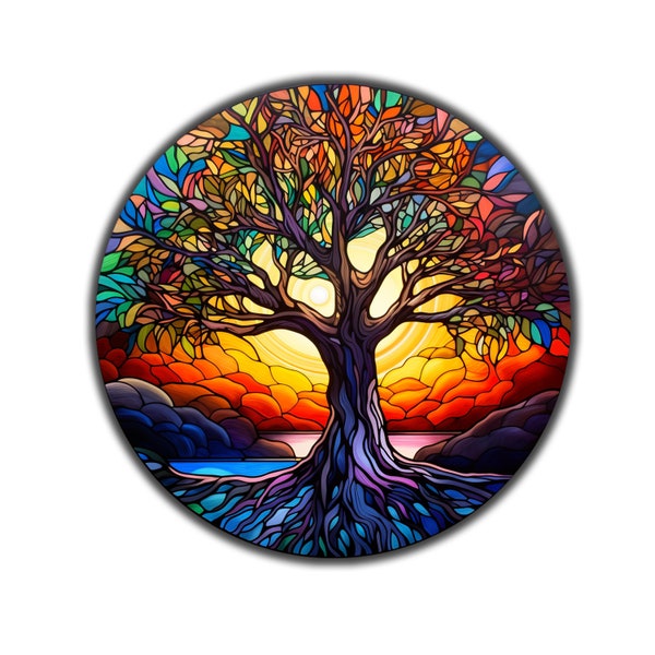 Stained Tree of Life Tempered Glass Round Painting Art Work | Stained Glass Window Wall Hangings UV Printed Round | Home&Office Glass Gift