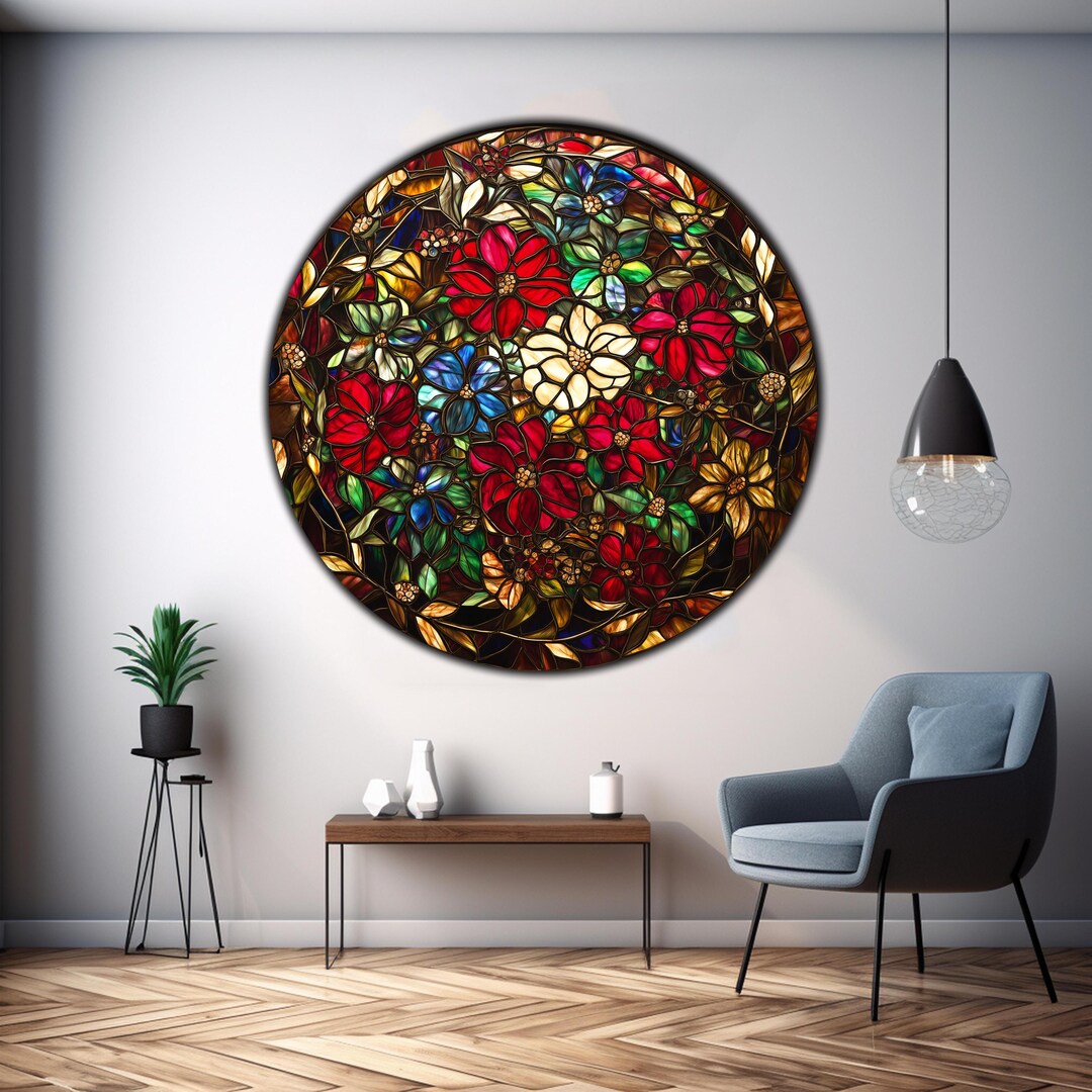 Red Rose Tempered Glass Wall Art, Mosaic Round Tempered Glass, Stained ...