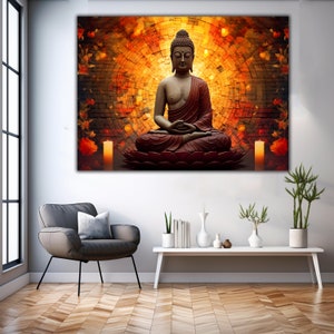 May include: A golden Buddha statue sits in meditation on a lotus flower. The statue is surrounded by a colorful background with a mosaic pattern and red flowers.