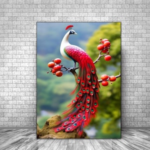 Puede incluir: Un pavo real rojo vibrante con plumas de cola verdes y azules posado en una rama con bayas rojas. El pavo real está en un entorno de bosque verde exuberante.