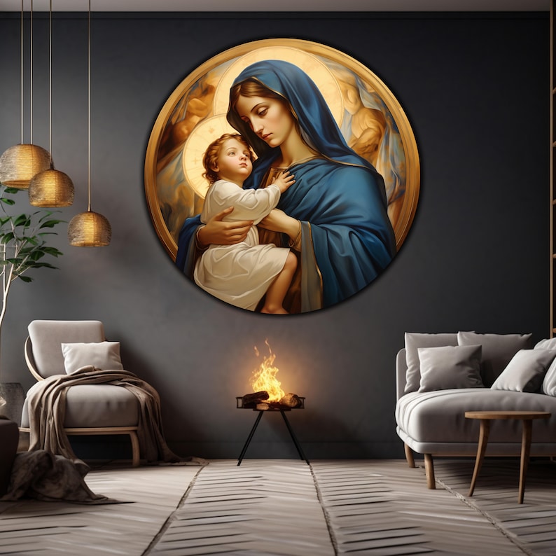 May include: A round painting depicting the Virgin Mary holding a baby Jesus. The painting is set against a gold background with a halo around the Virgin Mary's head. The painting is framed in a circular wooden frame.