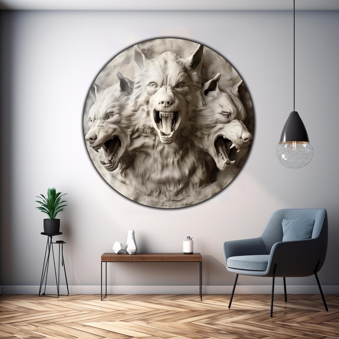 Cerberus Three Headed Flat Round Panel Created With UV Printed Design ...