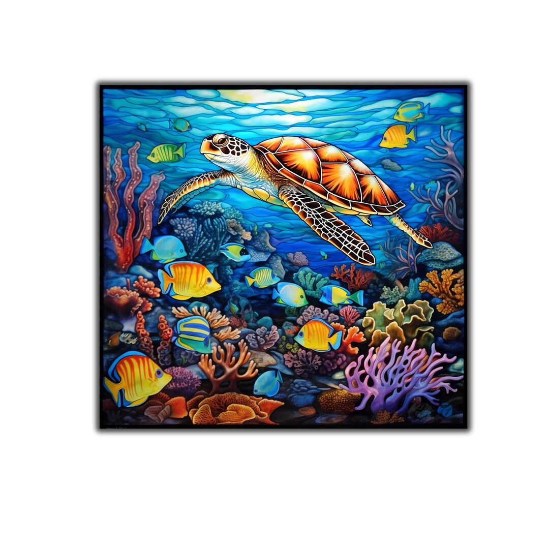 Stained Aquarium Tempered Glass Painting Art Work Sea Life Pattern