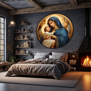 May include: A round painting of a woman in a blue robe holding a child. The woman is looking down at the child, who is looking up at the viewer. The painting is set against a dark background.