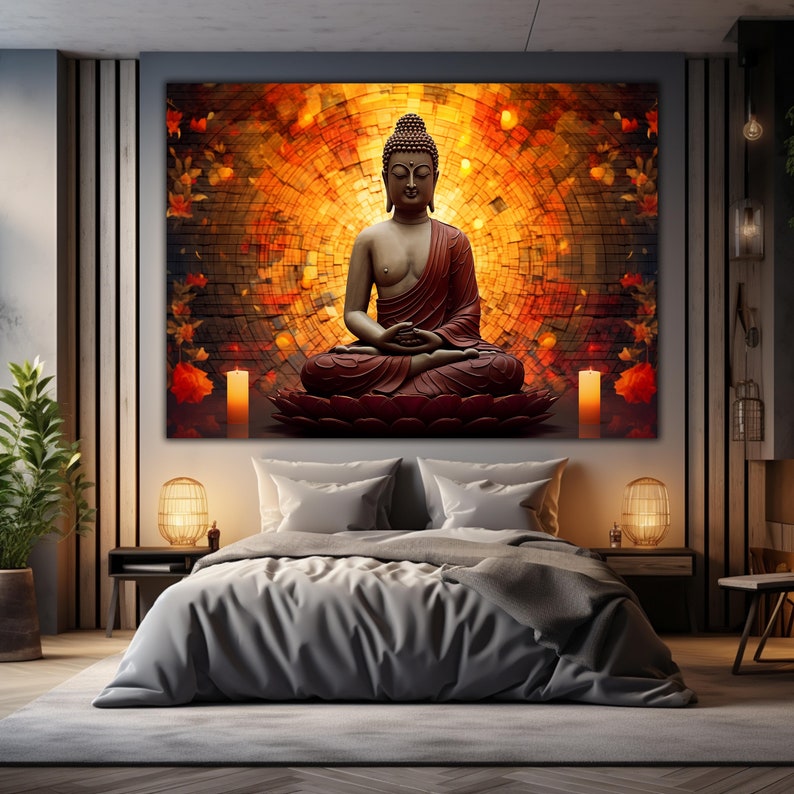 May include: A golden Buddha statue meditating in a lotus position against a background of orange and brown mosaic tiles and leaves. The statue is surrounded by candles.