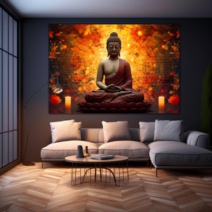 May include: A golden Buddha statue sits in a meditative pose on a lotus flower. The statue is surrounded by a warm, orange and yellow background with a brick pattern.