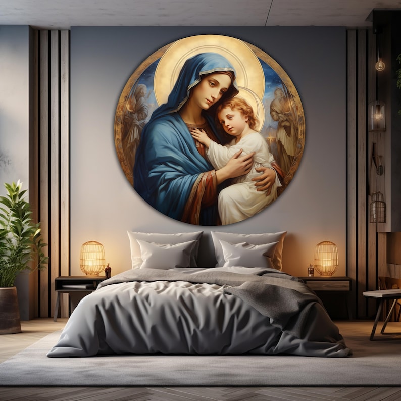 May include: A round painting of a woman in a blue robe holding a child. The woman has a halo above her head and the child is looking at the viewer. The painting is set against a gold background.