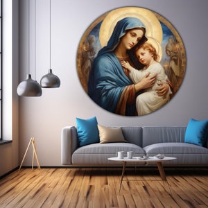 May include: A round painting of a mother and child. The mother is wearing a blue robe and holding the child in her arms. The child is wearing a white robe. The painting is set against a gold background with a halo around the mother's head.