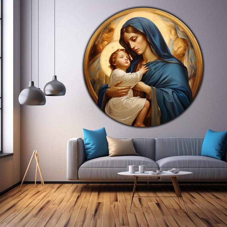 May include: A round painting of a woman in a blue robe holding a child. The woman has long brown hair and is looking down at the child. The child is wearing a white dress and has light brown hair. The painting is set against a gold background.