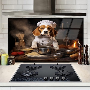 May include: A beagle dog wearing a white chef's hat and a white chef's jacket is cooking in a kitchen. The dog is standing in front of a pot on a wooden counter. There is flour and other cooking ingredients on the counter.