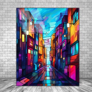 Abstarct Sunset Stained City Tempered Glass Wall Art | Stained City Tempered Glass Painting | Abstract Town Wall Art|Stained City Wall Decor