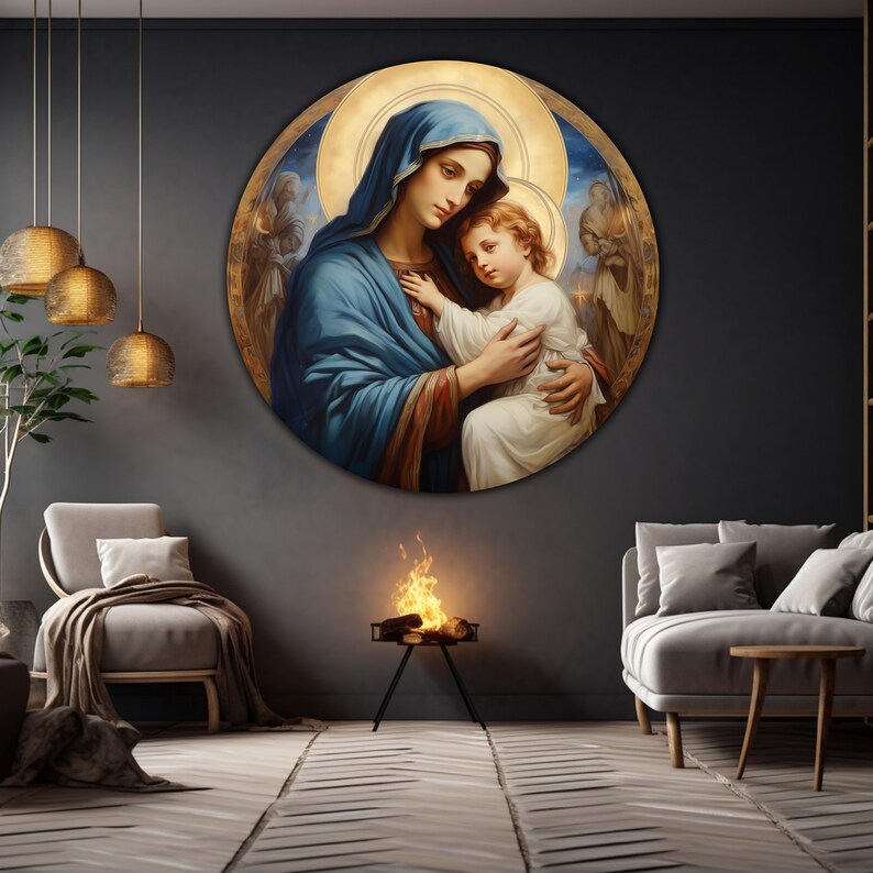 May include: A round painting of the Virgin Mary holding a baby Jesus. The painting is set against a dark blue background with gold accents. The Virgin Mary is wearing a blue robe and a gold crown. The baby Jesus is wearing a white robe.
