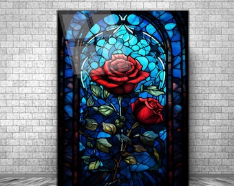 Stained Rose Glass Wall Decor Art Work, Stain Glass Rose Window Wall Hangings, Glass Printing Wall Art,Glass UV Print,Home Office Wall Decor