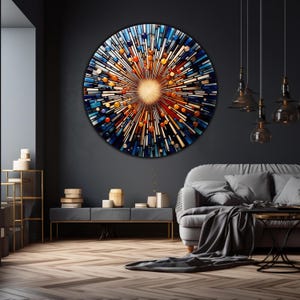 May include: A large circular wall art piece made of colorful glass tiles. The tiles are arranged in a radial pattern, creating a burst of color. The center of the piece is a bright white light, surrounded by shades of blue, orange, and yellow.