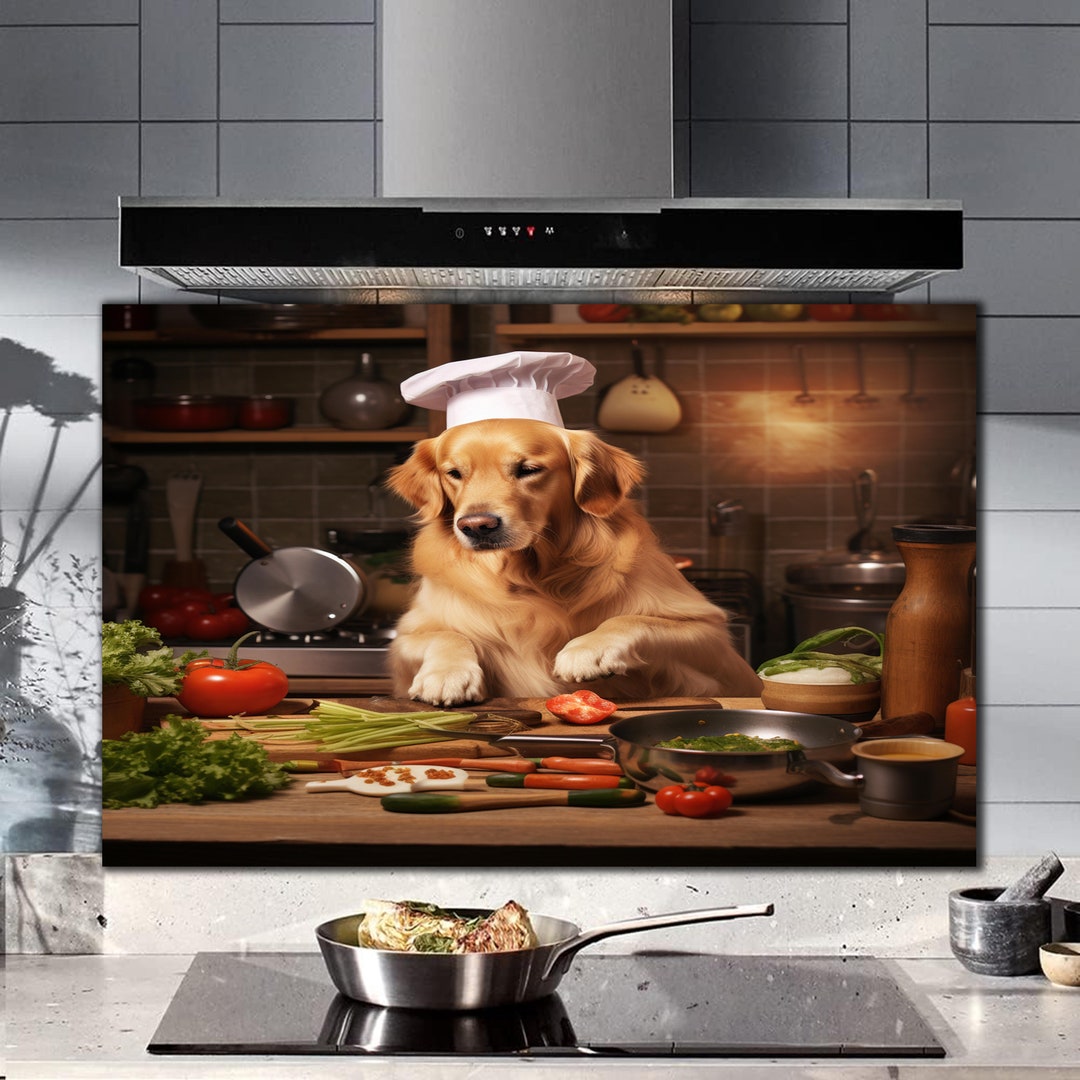 Glass Stove Top Cover Golden Dog Kitchen Wall Decor for Gas Etsy