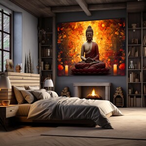 May include: A brown wooden bed frame with a beige duvet and pillows in a bedroom with a fireplace and a large canvas print of a meditating Buddha in front of a brick wall with orange and yellow leaves.