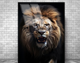 Lion Portrait Tempered Glass Wall Art, Male Lion Glass Wall Decor, Animals Glass Wall Hanging, Lion Lovers Gift, Ready to Hang,Lion wall art