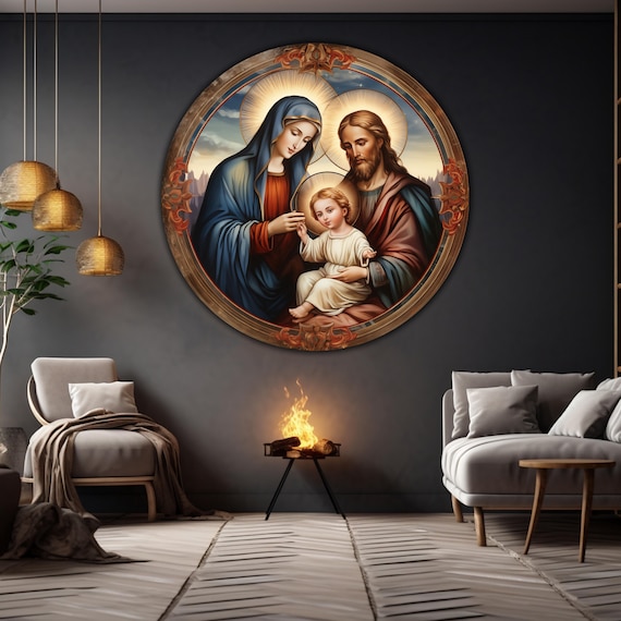 Virgin Mary and Jesus Tempered Glass Round Wall Art, Christ