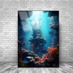 Under Sea Tempered Glass Wall Art-Ocean Glass-Aquarium Wall Decor-Glass Printing-Extra Large Wall Hangings Art-Fish Wall Art Under Sea Arts