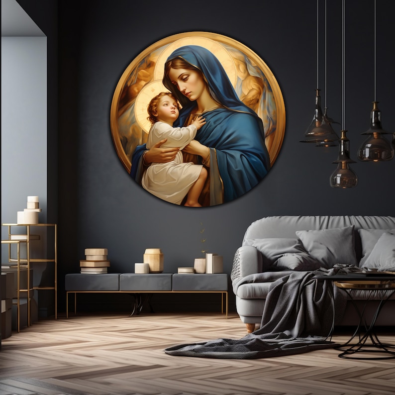 May include: A round painting of a woman in a blue robe holding a child. The woman is looking down at the child, who is looking up at the viewer. The painting is set against a gold background.