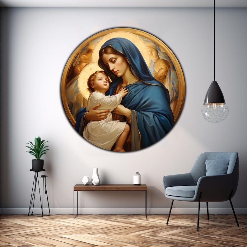 May include: A round painting depicting the Virgin Mary holding a baby Jesus. The painting is set against a gold background with a halo around the Virgin Mary's head. The painting is framed in a circular frame.