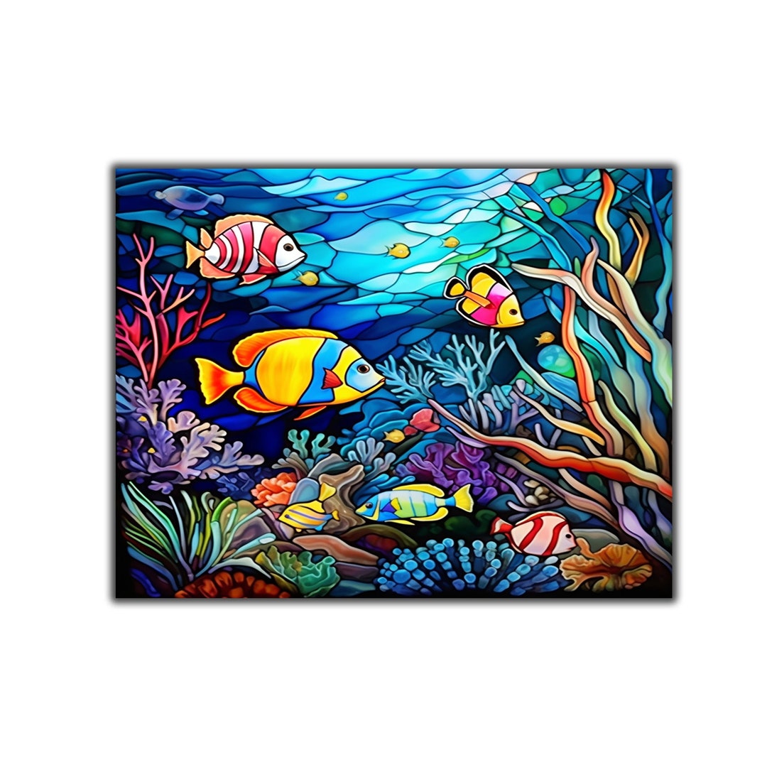 Stained Aquarium Tempered Glass Painting Art Work Sea Life Etsy