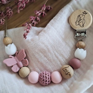 Schnullerkette personalisiert Namen Baby Mädchen Geschenk Geburt Taufe Blume pink Rosa altrosa Schmetterling Reh Hase Bild 2