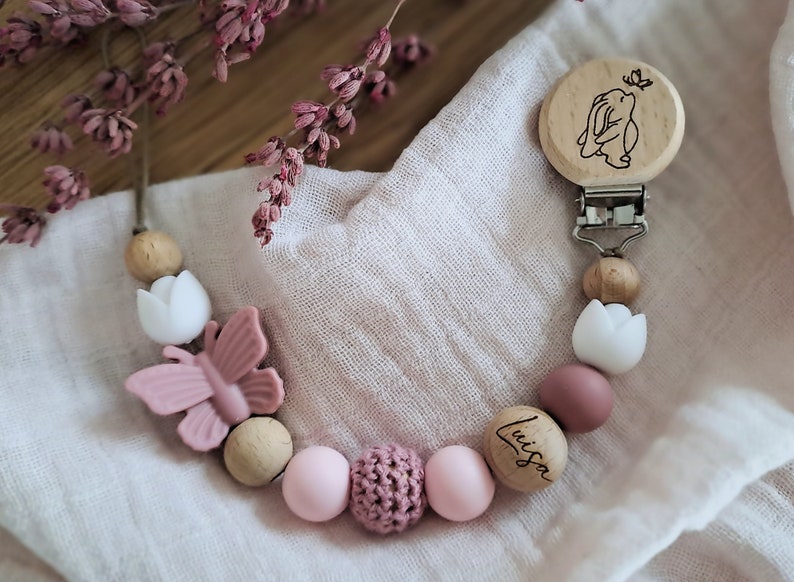 Schnullerkette personalisiert Namen Baby Mädchen Geschenk Geburt Taufe Blume pink Rosa altrosa Schmetterling Reh Hase Bild 2