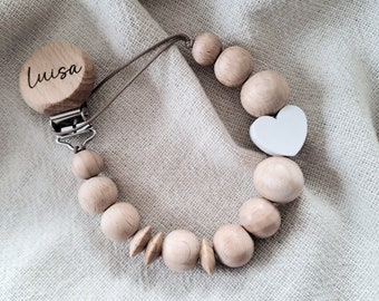 Schnullerkette personalisiert Namen Baby Mädchen Geschenk Geburt Taufe minimalistisch Weiß beige holz Natur nature Boho pure Herz schlicht