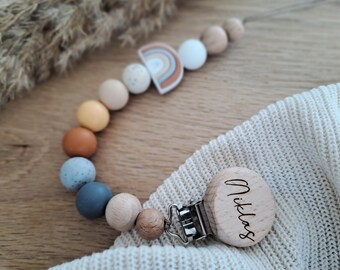 Schnullerkette personalisiert Namen Baby Jungen Geschenk Geburt Taufe Regenbogen braun grau orange Holz Natur boho