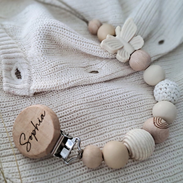 Schnullerkette personalisiert Namen Mädchen Geschenk Geburt Babyparty Taufe Schmetterling beige creme holz weiss natürlich boho