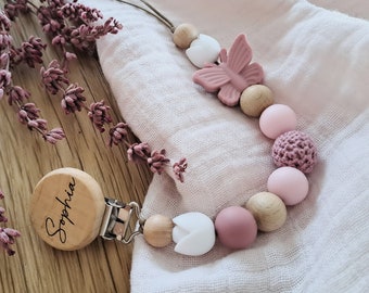 Schnullerkette personalisiert Namen Baby Mädchen Geschenk Geburt Taufe Blume pink Rosa altrosa Schmetterling Reh Hase