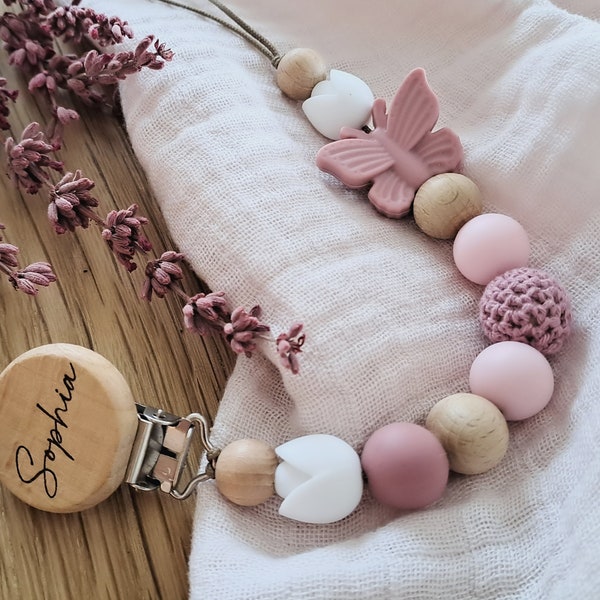 Schnullerkette personalisiert Namen Baby Mädchen Geschenk Geburt Taufe Blume pink Rosa altrosa Schmetterling Reh Hase