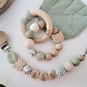 Pacifier chain personalized name baby boy girl gift birth baptism gift set green beige cream nature fox leaf forest wood