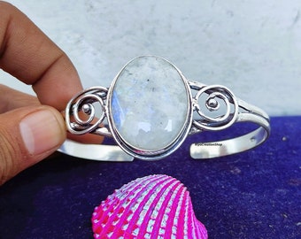 925 Sterling Silver Moonstone Cuff Bangle, Silver Jewelry, Handmade Bangle, Moonstone Bracelet, Gemstone Bangle, Gift Bangle.