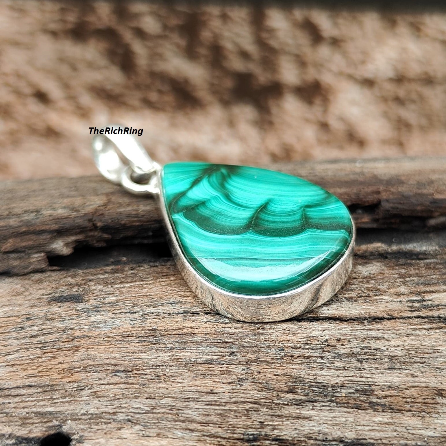 Pendentif Argent Massif Et Malachite Marqueterie Années 80 - Style Vintage, Forme Ronde 4cm - Occasion, Bijou Unique