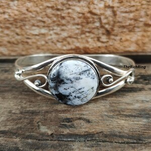 Handcrafted Dendritic Opal Sterling Silver Bangle: Adjustable Boho Bracelet