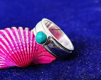 Anello spinner turchese naturale, anello per il pollice, anello in argento sterling 925, anello di meditazione, anello fatto a mano, anello turchese rotondo, anello Fidget.