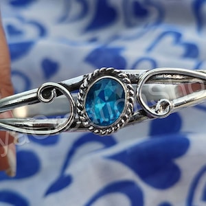 925 Sterling Silver Bangle ,Blue Topaz Bracelet, Adjustable Handmade Bangle, Blue Topaz Gemstone Bracelet, Blue Topaz Bangle, Gift For Her**