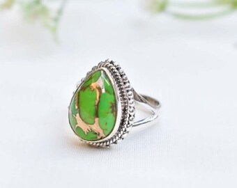 Green Copper Turquoise Ring, 925 Sterling Silver, Gift For Her, Handmade Jewelry, Valentine Gift Women Jewelry, Wedding Gift, Silver Jewelry