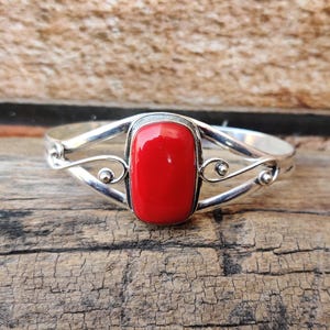 Red Cushion Coral Bangle Bracelet, 925 Sterling Silver Adjustable Jewelry, Handmade Gemstone Cuff, Boho Statement Bracelet.